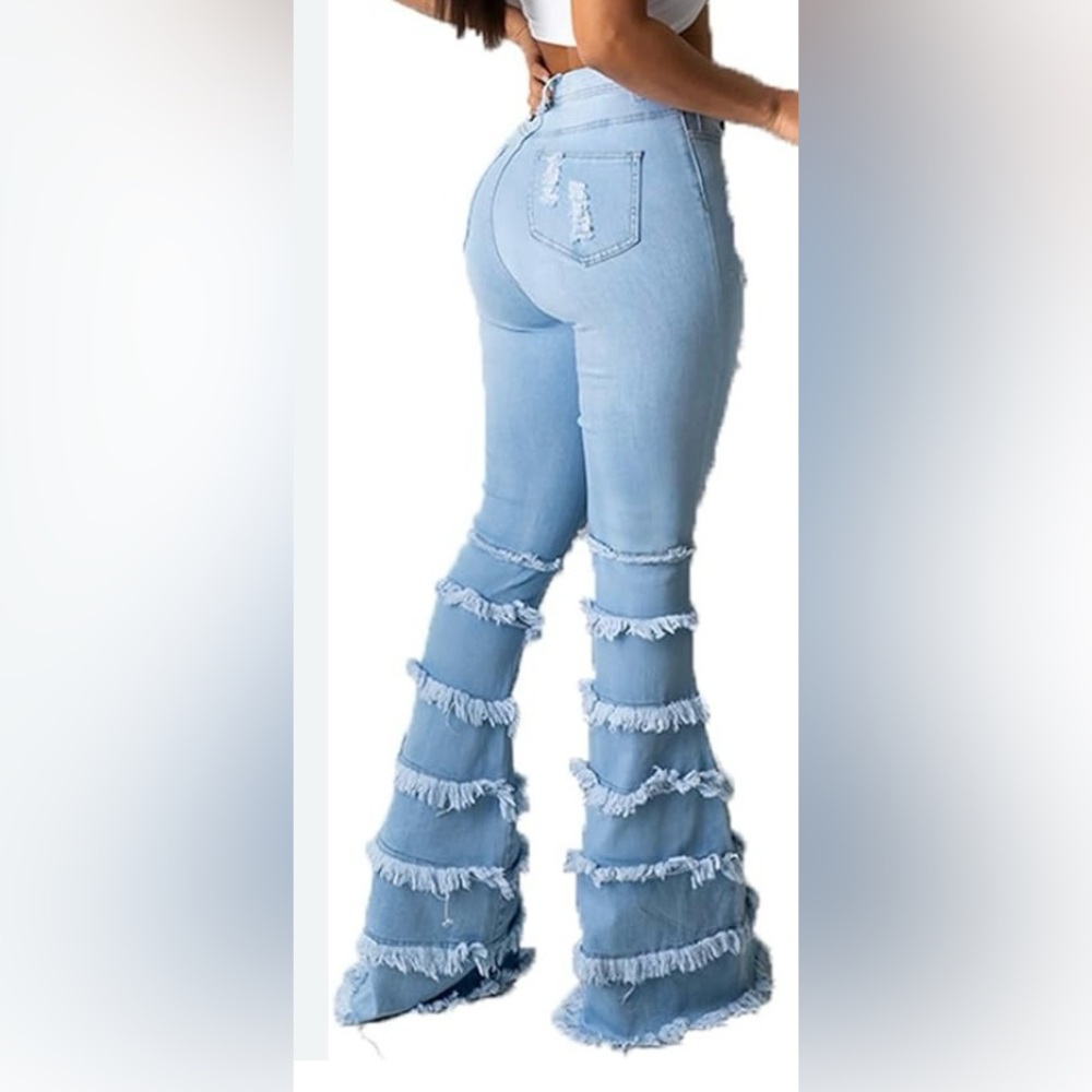 SWANK Pale Blue Fringed Tiered Flare Jeans